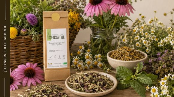 Échinacée pourpre BIO entourée de différentes plantes médicinales de la famille des Astéracées fraîches et séchées - Herboristerie Sensathé Échinacée pourpre BIO entourée de différentes plantes médicinales de la famille des Astéracées fraîches et séchées - Herboristerie Sensathé
